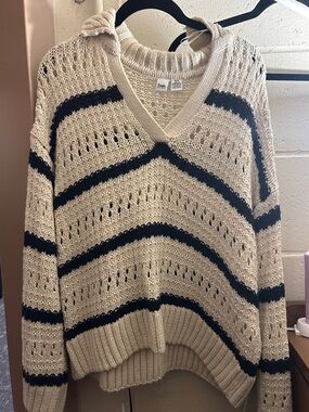 Twik Cream Open-Knit V-Neck Sweater with Black Stripes